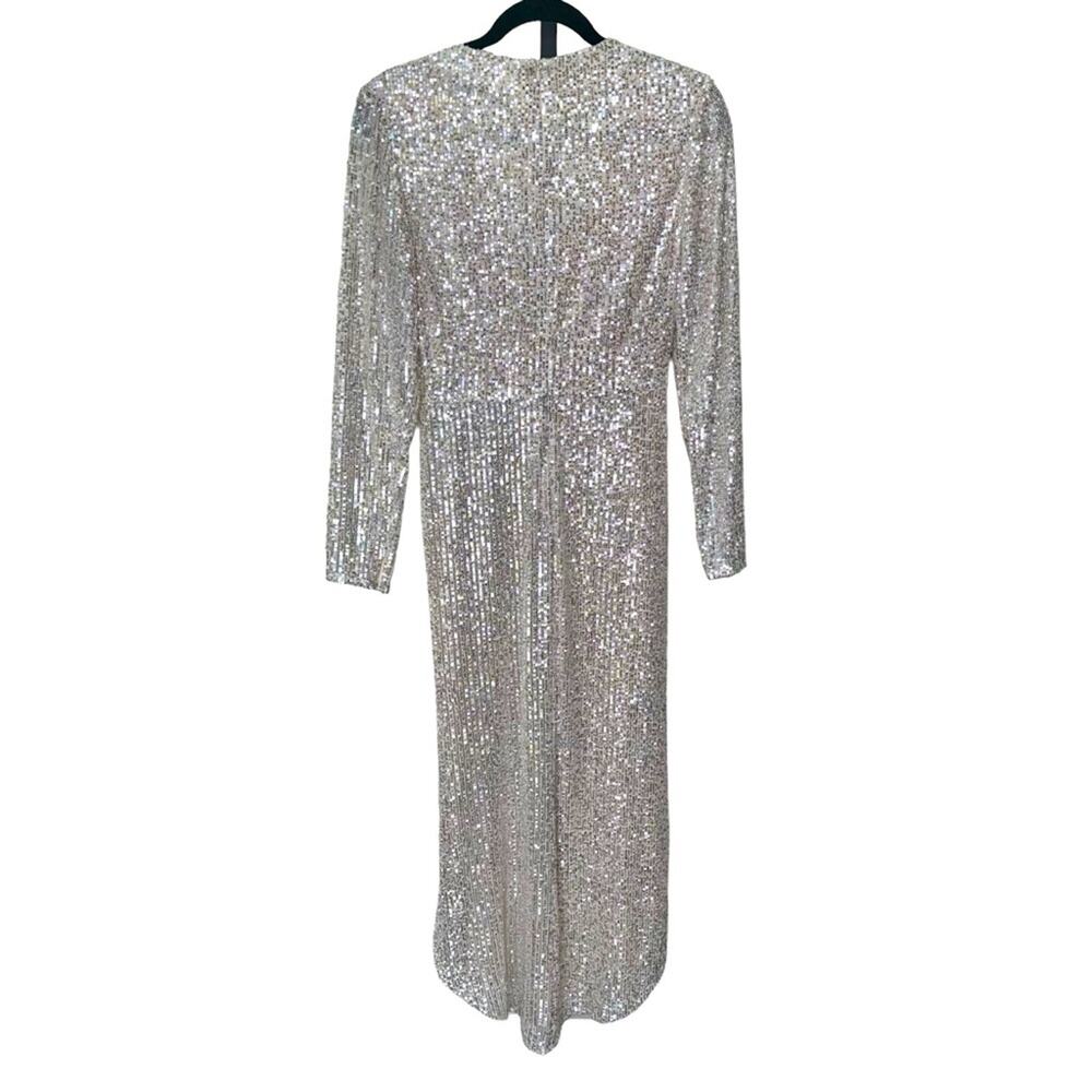 NWT IEENA for MAC DUGGAL Nude Silver Sequin Knotted Long Sleeve Midi Dress Women - Picture 7 of 11